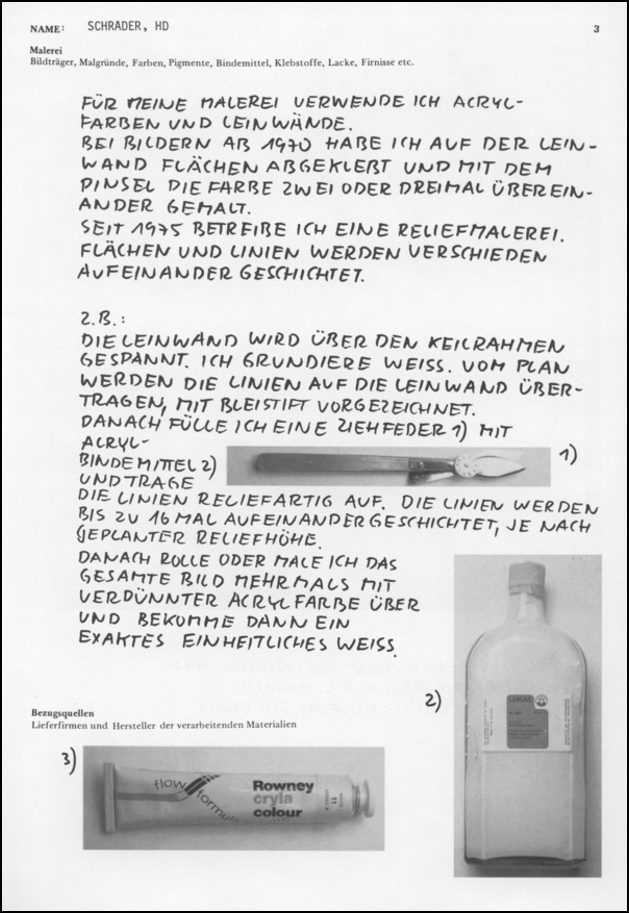 Faksimile eines Fragebogens aus dem Buch: Erich Gantzert-Castrillo, „Archiv für Techniken und Arbeitsmaterialien zeitgenössischer Künstler, Band 1“.