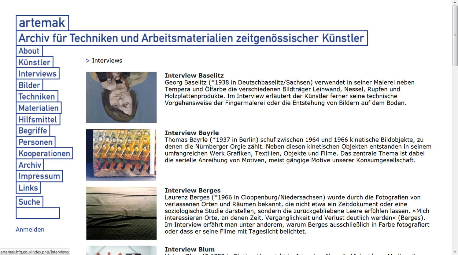 Screenshot der Webplattform artemak.de